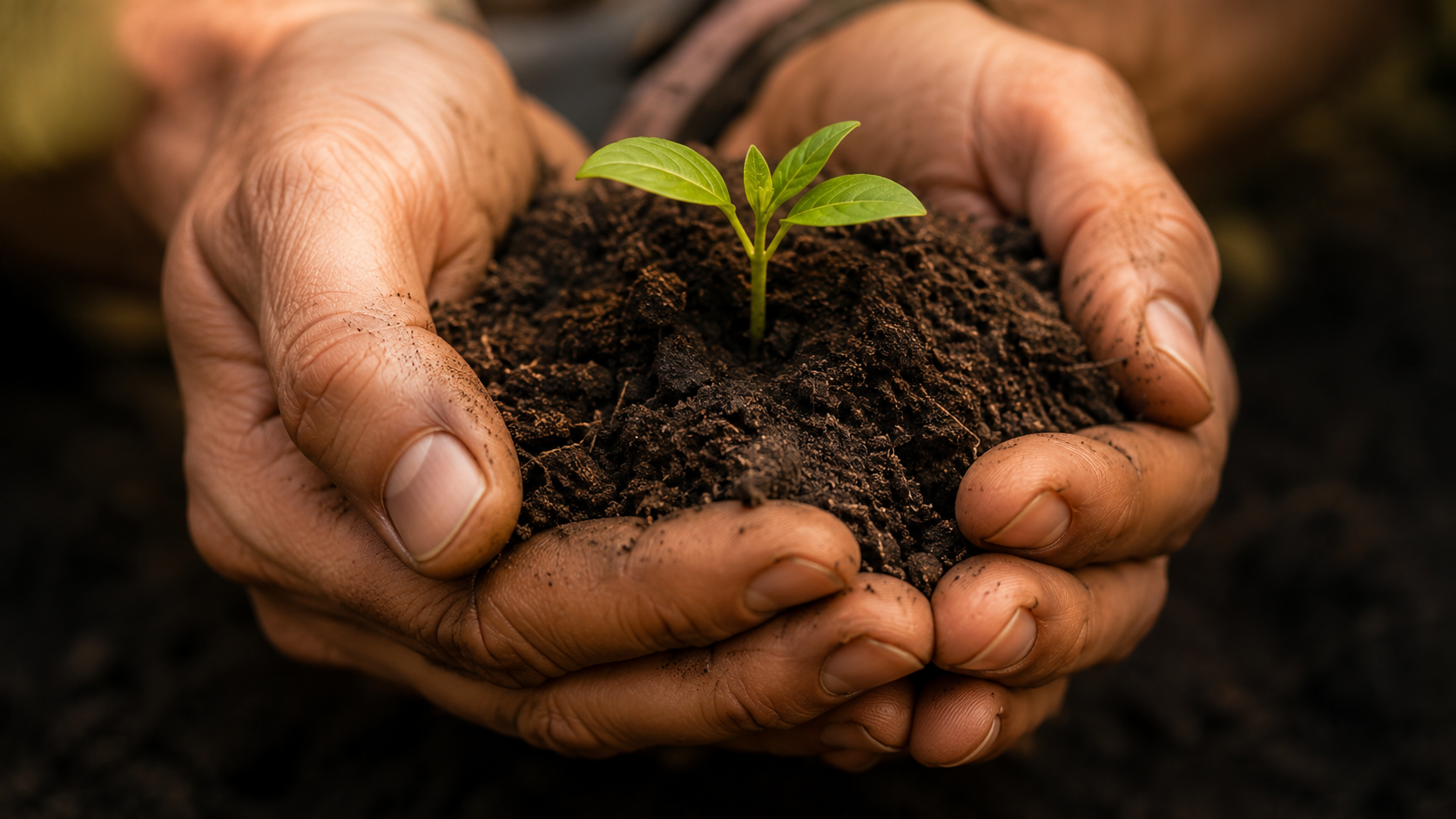 Hands holding a seedling, representing the act of beginning something with intention